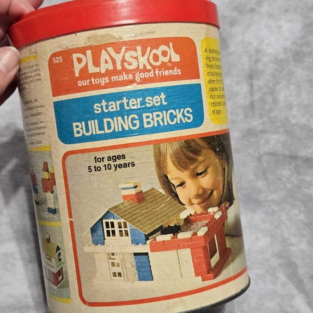 Playskool Milton Bradley #525 Plastic Building Blocks Bricks in Canister